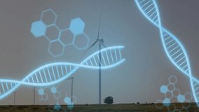 Digital DNA helix floating above wind farm at dusk, showing turbines, molecules, data code in 3D. Technology, sustainability, renewable, innovation, futuristic, environmental, energy - Powered by Shutterstock - Get 15% off with code: PIKWIZARD15