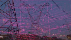 Transmission tower rising in twilight sky, showing magenta data graphs overlaying highway lamps. Industrial, technology, futurism, infrastructure, digital, urban, energy - Powered by Shutterstock - Get 15% off with code: PIKWIZARD15