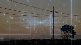 Digital power network being visualized in dusk landscape, with transmission tower and glowing nodes. Technology, infrastructure, connectivity, energy, innovation, futurism, communication - Powered by Shutterstock - Get 15% off with code: PIKWIZARD15