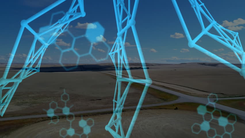 Digital molecular interface being visualized on rural grasslands showing hexagons and code blocks. Futuristic, technology, innovation, data, analytics, abstract, landscape