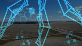 Digital molecular interface being visualized on rural grasslands showing hexagons and code blocks. Futuristic, technology, innovation, data, analytics, abstract, landscape - Powered by Shutterstock - Get 15% off with code: PIKWIZARD15