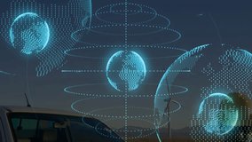 Technician inspecting wind farm at dusk, monitoring energy data through glowing holographic globes. Renewable, sustainability, technology, futurism, innovation, agriculture, industry - Powered by Shutterstock - Get 15% off with code: PIKWIZARD15