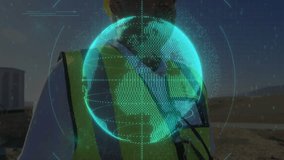male worker standing urban construction site, displaying tech holographic globe with green code. Industrial, technology, digital, futuristic, engineering, professional, innovation - Powered by Shutterstock - Get 15% off with code: PIKWIZARD15