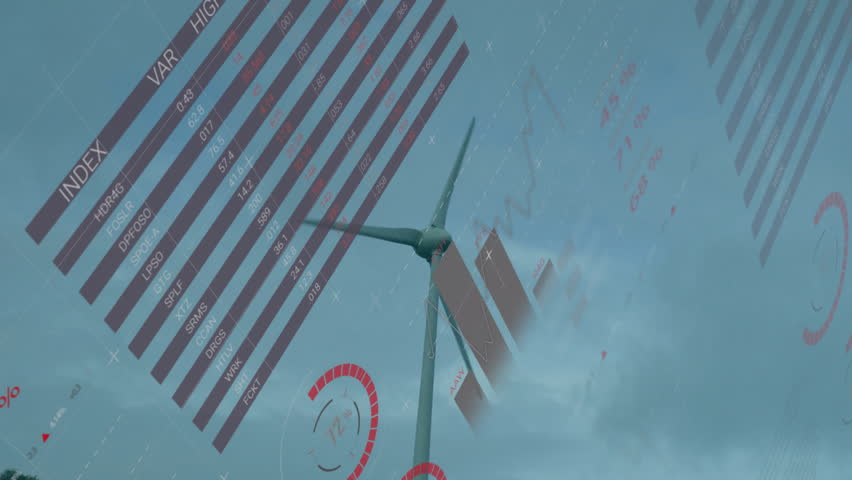 Wind turbine hub and blade rotating in sky, featuring red pie charts and world map silhouettes. Renewable, sustainability, digital, data, analytics, energy, futuristic - Powered by Shutterstock - Get 15% off with code: PIKWIZARD15