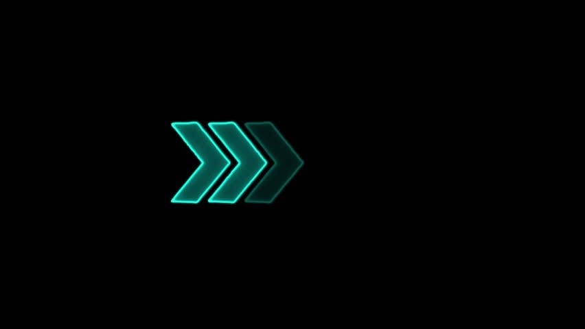 Rendering of glowing neon arrows on a black background. Flashing direction indicators. Abstract directional neon arrow loop loading icon.
