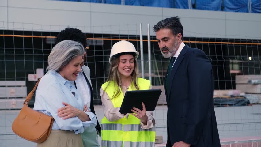 Architect presenting building project to investors on a tablet at construction site