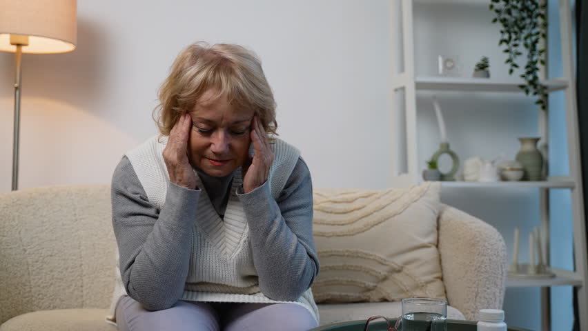 Elderly woman suffering from severe headache or migraine pain