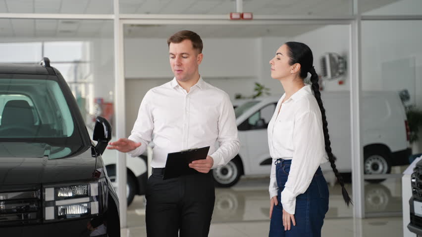 Car salesman hands over new car keys to female customer