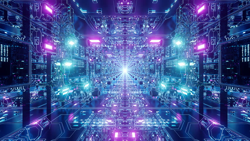 A robotic data tunnel with bright, flickering neon lights. in seamless VJ loop. Perfect for visualization of audio beats in music videos, stage performance walls