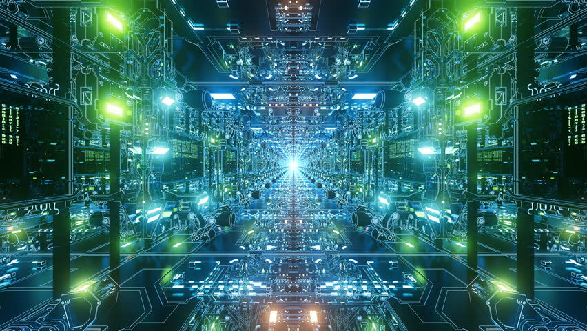 A robotic data tunnel with bright, flickering neon lights. in seamless VJ loop. Perfect for visualization of audio beats in music videos, stage performance walls