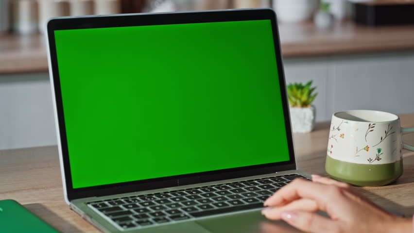Businesswoman fingers scrolling mockup laptop touchpad working remotely at home closeup. Unknown manager hands surfing internet information online swiping pc. Lady worker touching chromakey computer 
