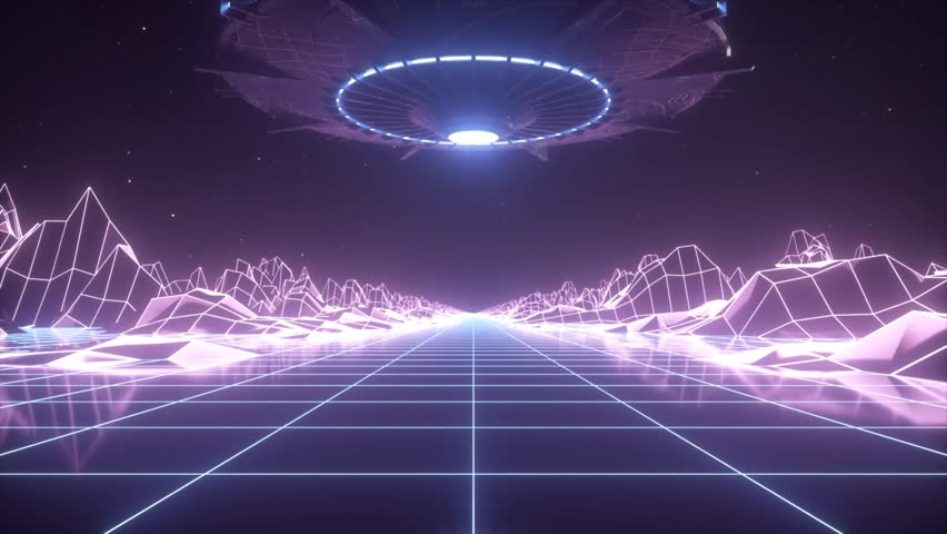 Synthwave Style Sci-Fi World With UFO and Glitching Neon Grid Lines