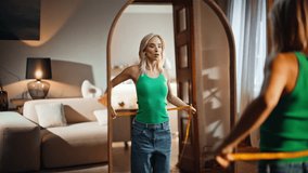 Woman reflection measuring waist with tape. Happy slim model check weight loss results admiring perfect body shape. Attractive girl analyzing fitness achievement at home. Determination success concept - Powered by Shutterstock - Get 15% off with code: PIKWIZARD15