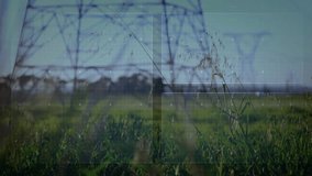 Electricity transmission towers rising over grassy field, showing globe HUD grids and line chart. Renewable, infrastructure, technology, innovation, sustainability, futuristic, digital - Powered by Shutterstock - Get 15% off with code: PIKWIZARD15