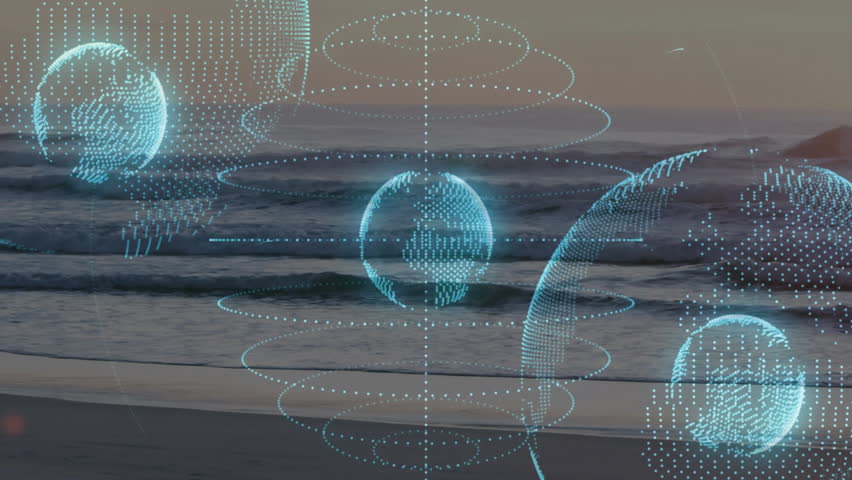 Digital holographic globes floating over dusk beach showing concentric rings and circuit clusters. Futuristic, technology, tranquility, innovation, visualization, abstract, marine