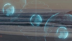 Digital holographic globes floating over dusk beach showing concentric rings and circuit clusters. Futuristic, technology, tranquility, innovation, visualization, abstract, marine - Powered by Shutterstock - Get 15% off with code: PIKWIZARD15