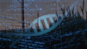 DNA double helix graphic floating over rural field at sunset, showing fence posts and data points. Biotechnology, data visualization, rural landscape, scientific research, digital technology, - Powered by Shutterstock - Get 15% off with code: PIKWIZARD15