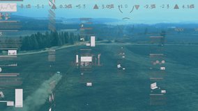 precision farming concept being visualized over aerial farm field, with green tractor, data charts. Agriculture, technology, innovation, data visualization, rural, sustainability, farming equipment - Powered by Shutterstock - Get 15% off with code: PIKWIZARD15