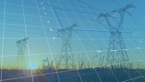 Power transmission towers being animated at sunset, with 3D grid overlay and blue data charts. Futuristic, technology, infrastructure, digital, visualization, landscape, analytics - Powered by Shutterstock - Get 15% off with code: PIKWIZARD15