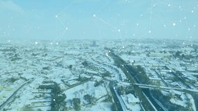 Floating interface overlaying snowy suburb, showing data grids and network nodes in flat design. Technology, innovation, analytics, urban, winter, digital, connectivity - Powered by Shutterstock - Get 15% off with code: PIKWIZARD15