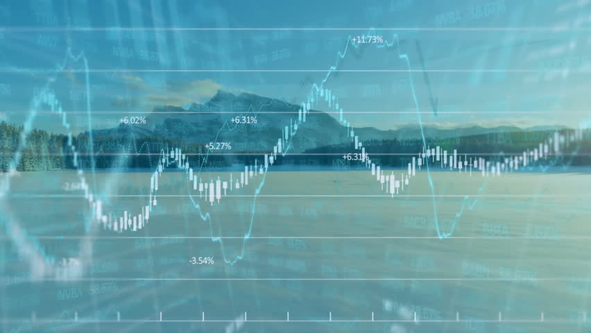 Translucent charts floating over lakeside, featuring candlestick line graphs and percentage labels. Nature, data visualization, outdoor, analytics, technology, serenity, financial - Powered by Shutterstock - Get 15% off with code: PIKWIZARD15