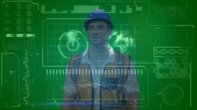 Construction engineer wearing hard hat holding microphone in control hub, interacting with HUD. Technology, interface, futuristic, digital, innovation, control, data visualization - Powered by Shutterstock - Get 15% off with code: PIKWIZARD15