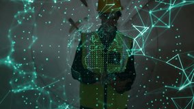 Engineer wearing safety helmet vest holding tablet in tunnel, showing tech network nodes 3D globe. Industrial, technology, futuristic, infrastructure, digital, engineering, innovation - Powered by Shutterstock - Get 15% off with code: PIKWIZARD15