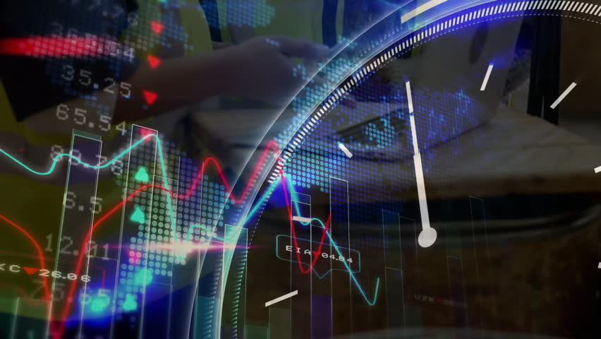 Warehouse workers monitoring tablet in warehouse, with animated financial charts overlaying scene. Industrial, data visualization, safety, teamwork, analytics, technology, enterprise - Powered by Shutterstock - Get 15% off with code: PIKWIZARD15