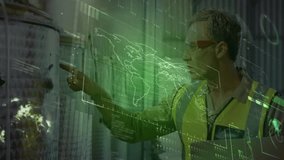 Technician pointing at tank inside processing plant, displaying holographic world map data streams. Industrial, technology, futuristic, engineering, data, innovation, analysis - Powered by Shutterstock - Get 15% off with code: PIKWIZARD15