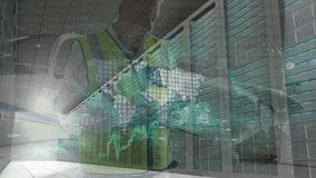 IT technician inspecting servers using tablet, showing graphics with numbers, arrows and world map. Technology, cybersecurity, digital, industrial, infrastructure, maintenance, innovation - Powered by Shutterstock - Get 15% off with code: PIKWIZARD15