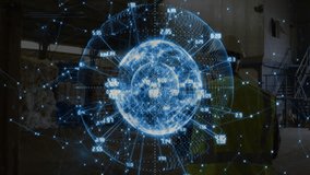 Engineer wearing hard hat observing industrial warehouse, with glowing holographic network sphere. Technology, innovation, industrial, futuristic, data, networking, safety - Powered by Shutterstock - Get 15% off with code: PIKWIZARD15