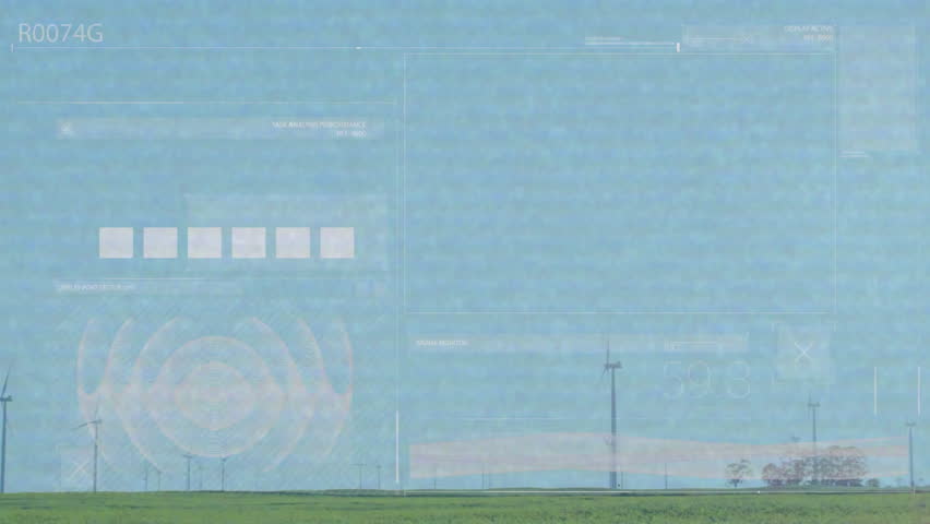 Wind turbines generating clean energy on flat grassland, HUD displaying bar charts and icons. Renewable, sustainability, technology, data visualization, digital interface, eco energy, environmental - Powered by Shutterstock - Get 15% off with code: PIKWIZARD15