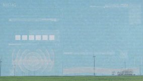 Wind turbines generating clean energy on flat grassland, HUD displaying bar charts and icons. Renewable, sustainability, technology, data visualization, digital interface, eco energy, environmental - Powered by Shutterstock - Get 15% off with code: PIKWIZARD15