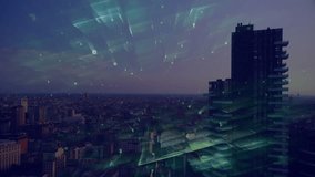 High-rise skyscraper floating over urban skyline, projecting holographic blocks and binary code. Futuristic, digital, cyber, neon, urban, technology, innovation - Powered by Shutterstock - Get 15% off with code: PIKWIZARD15