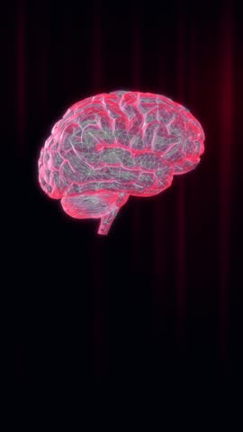 Digital brain rotating on dark background with red highlights, symbolizing artificial intelligence and data processing