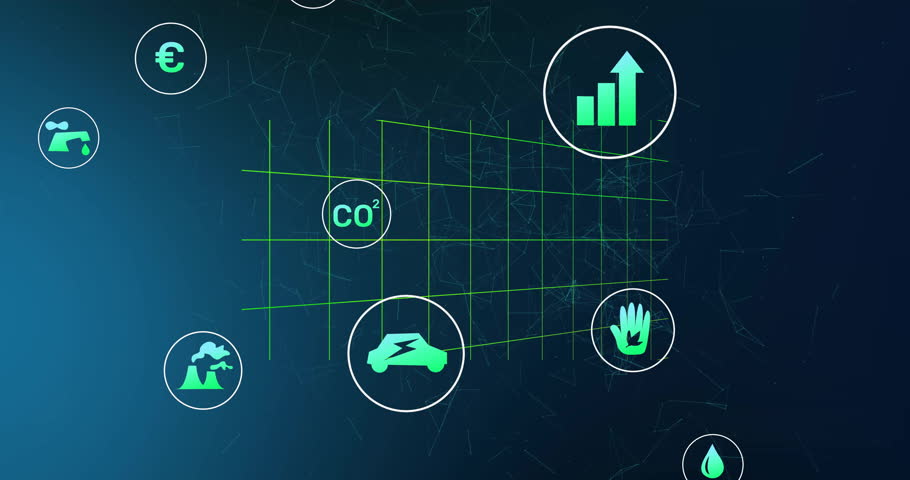 Flat design HUD rotating around center, displaying code blocks, metric icons floating. Technology, data visualization, digital interface, futurism, analytics, innovation, environmental impact