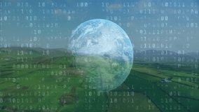 Translucent Earth globe floating over farmland in 3D overlaying binary code and finance charts. Geography, agriculture, technology, innovation, digital, data, sustainability - Powered by Shutterstock - Get 15% off with code: PIKWIZARD15
