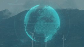 3D globe floating over mountain lake scene, connecting devices, turbines and streaming code. Technology, innovation, sustainability, connectivity, digital, environment, futurism - Powered by Shutterstock - Get 15% off with code: PIKWIZARD15