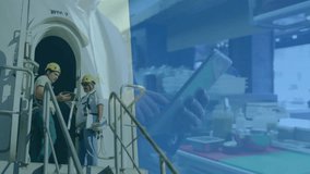 Two technicians examining wind turbine with tablet displaying animated stock charts and lab overlay. Industrial, teamwork, safety, technology, analysis, engineering, maintenance - Powered by Shutterstock - Get 15% off with code: PIKWIZARD15