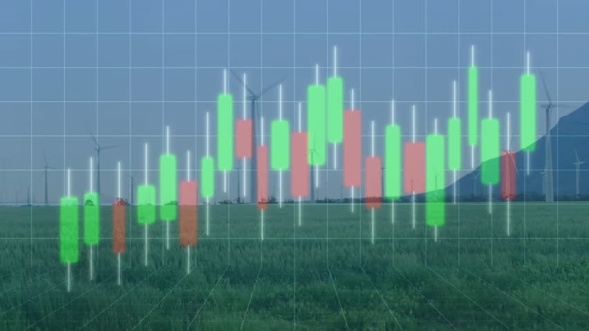 Candlestick overlay flowing over wind turbine field, with green and red bars inside 3D grid. Sustainability, renewable energy, financial analysis, digital visualization, environmental technology, - Powered by Shutterstock - Get 15% off with code: PIKWIZARD15