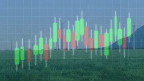 Candlestick overlay flowing over wind turbine field, with green and red bars inside 3D grid. Sustainability, renewable energy, financial analysis, digital visualization, environmental technology, - Powered by Shutterstock - Get 15% off with code: PIKWIZARD15