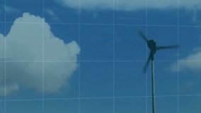 Wind turbine silhouette rising beside dotted world map overlay, displaying blue purple line graphs. Renewable energy, data analytics, environmental technology, digital visualization, eco - Powered by Shutterstock - Get 15% off with code: PIKWIZARD15
