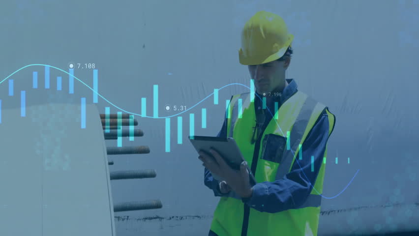 Site engineer wearing hard hat analyzing financial candlestick charts overlaying industrial site. Construction, safety, industrial, technology, engineering, infrastructure, analytics - Powered by Shutterstock - Get 15% off with code: PIKWIZARD15