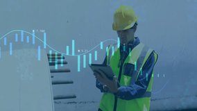 Site engineer wearing hard hat analyzing financial candlestick charts overlaying industrial site. Construction, safety, industrial, technology, engineering, infrastructure, analytics - Powered by Shutterstock - Get 15% off with code: PIKWIZARD15
