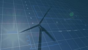 wind turbine silhouette being animated on blue digital grid with data charts and sun lens flare. Renewable, energy, technology, data, analytics, sustainable, innovation - Powered by Shutterstock - Get 15% off with code: PIKWIZARD15