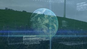 Animated scene showing hill with wind turbine, featuring spinning digital globe and grid lines. Sustainability, renewable, technology, environment, innovation, futurism, data visualization - Powered by Shutterstock - Get 15% off with code: PIKWIZARD15