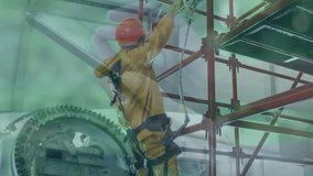 Male worker climbing scaffolding in industrial site, showing digital graphs and smartphone overlay. Industrial, safety, technology, machinery, construction, engineering, innovation - Powered by Shutterstock - Get 15% off with code: PIKWIZARD15