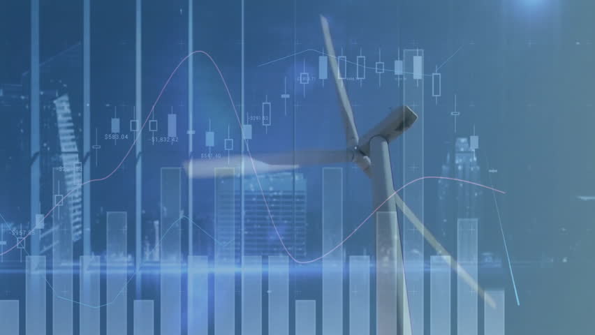 Wind turbine blade being animated in urban financial dashboard, showing candlestick and line graphs. Renewable, technology, finance, innovation, energy, urban, futuristic - Powered by Shutterstock - Get 15% off with code: PIKWIZARD15