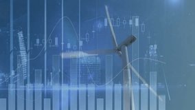Wind turbine blade being animated in urban financial dashboard, showing candlestick and line graphs. Renewable, technology, finance, innovation, energy, urban, futuristic - Powered by Shutterstock - Get 15% off with code: PIKWIZARD15