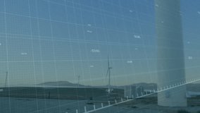 wind turbine silhouette being visualized behind blue grid overlay, showing green line graph trends. Renewable, energy, data, analytics, technology, dashboard, sustainability - Powered by Shutterstock - Get 15% off with code: PIKWIZARD15